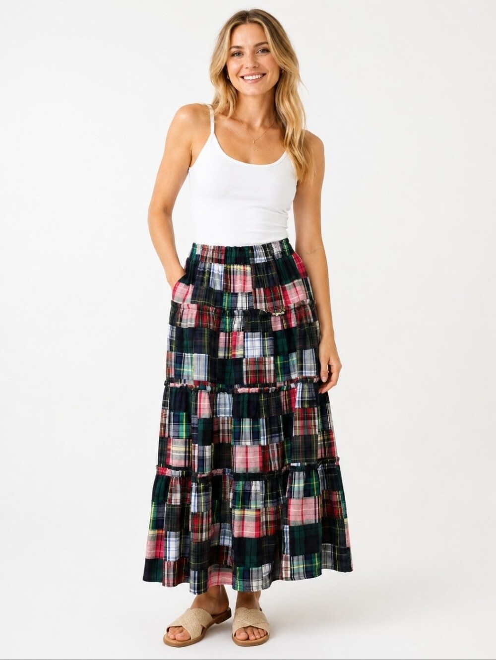 Sara Campbell Boston Patchwork Eladtic Plaid Tiered Maxi Skirt Multi Color Sz M